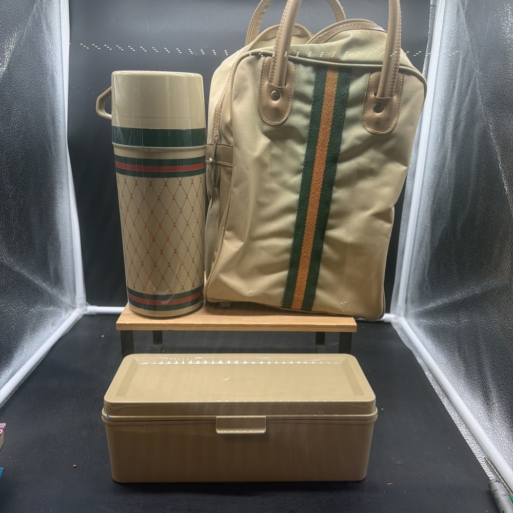 Vintage Aladdin Tan Picnic Set w/ Thermos Lunch Box & Bag